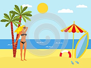 Tropical landscape with beach , sea, palm trees and girl in bikini . Summer background with sea, palm trees, beach umbrella, surfb