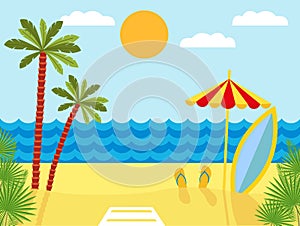 Tropical landscape with beach , sea and palm trees. Summer background with sea, palm trees, beach umbrella, surfboard