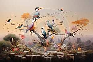 Tropical landscape with birds on the tree. 3d rendering, serene African savannah perched on a cliff, with a spectacular array of