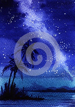 Tropical landscape. Black silhouettes of island with palm trees and mountains against dark blue night sky with stars and