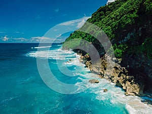 Tropical landscape with coastline and ocean in Bali. Aerial view