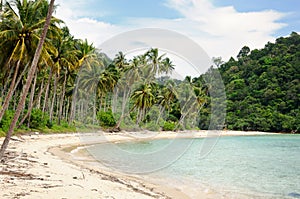 Tropical landscape with deserted amber sand beach, coconut palm trees and turquoise tropical sea on Koh Chang island in Thailand
