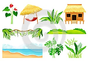 Tropical Landscape Element with Hut, Sea Shore and Green Exotic Foliage Vector Set