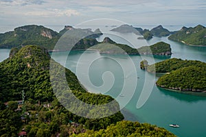 Tropical landscape of islands in the ocean in Thailand. Ang Thong national park. Hills.