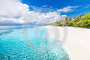 Tropical landscape of Maldives beach. Tropical sea bay. Background for summer holiday and vacation concept.