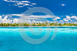 Tropical landscape of Maldives beach. Tropical sea bay. Background for summer holiday and vacation concept.
