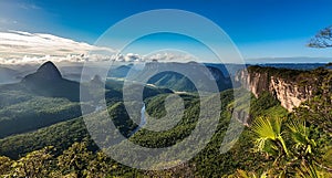 a tropical landscape with a meandering river running through lush green forests and mountainous terrain. photo