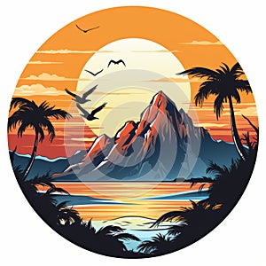 tropical landscape with mountains palm trees and seagulls at sunset