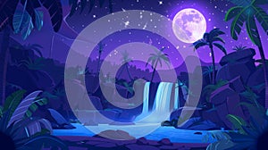 Tropical landscape at night with cascade waterfall in jungle under starry sky and full moon. Cartoon modern dark