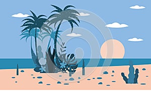 Tropical landscape ocean beach sunset palm trees, plants flora background for banner, greeting card, poster template