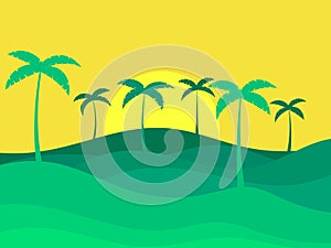 Tropical landscape with palm trees with sun. Silhouettes of palm trees on the hills. Summer time. Design of advertising booklets,