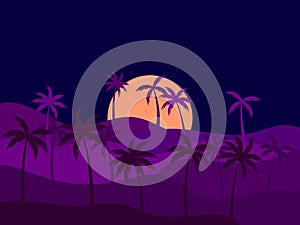 Tropical landscape with palm trees at sunset. Silhouettes of palm trees on the hills. Design of advertising booklets, banners,