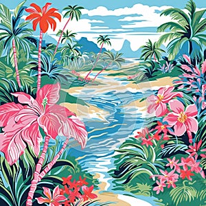 Tropical Landscape Pattern Inspired By Lilly Pulitzer With Vibrant Colors And Palm Leaves