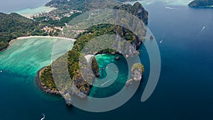 Tropical landscape of Phi Phi islands in Thailand. Aerial view. Drone photo. Lagoon. Bay.Ocean