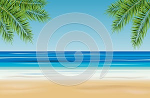 Tropical landscape with sea, sandy beach and palm trees - vector