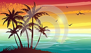 Tropical landscape with sea, sunset and silhouettes of palm trees. Abstract landscape. Tropical island.