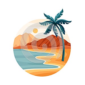 Tropical Landscape with Shining Sun and Sandy Beach with Palm Tree in Circle Closeup Vector Illustration