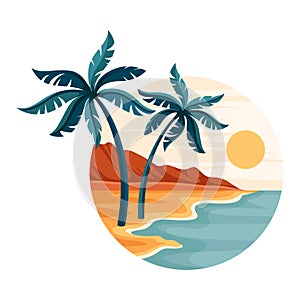 Tropical Landscape with Shining Sun and Sandy Beach with Palm Tree in Circle Closeup Vector Illustration