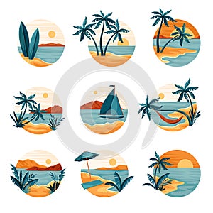 Tropical Landscape with Shining Sun and Sandy Beach with Palm Tree in Circle Vector Set