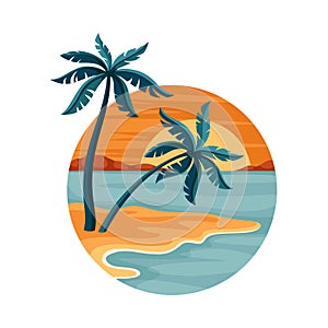 Tropical Landscape with Sundown and Sandy Beach with Palm Tree in Circle Closeup Vector Illustration