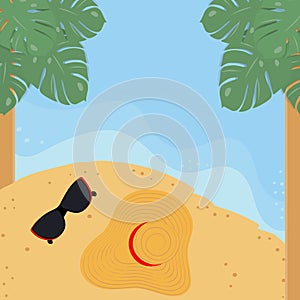Tropical landscape with sunglasses and hat on the beach with palm trees. Front view. Copy space. EPS