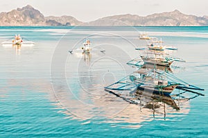 Tropical landscape with traditional boats of the Philippines. Elnido, the island of Palawan