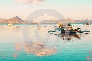 Tropical landscape with traditional boats of the Philippines. Elnido, the island of Palawan