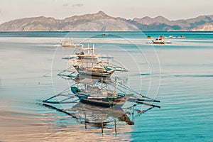 Tropical landscape with traditional boats of the Philippines. Elnido, the island of Palawan