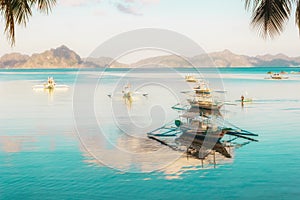 Tropical landscape with traditional boats of the Philippines. Elnido, the island of Palawan