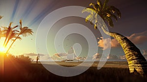 Tropical landscape with yacht sailing, palm trees and woman walking on the beach at sunset