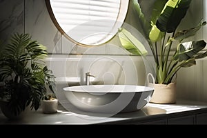 tropical leaf clean sink green interior white home faucet bathroom design. Generative AI.