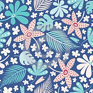 Tropical leaf pattern design,Vector seamless repeat of summer palms and flowers.