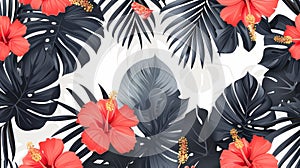 A tropical leaf pattern and an exotic red flower on white background. A beautiful botanical design with golden
