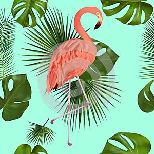 Tropical leaf and pink Flamingo on green background. Seamless pattern for your design, wallpapers, textile. Vector