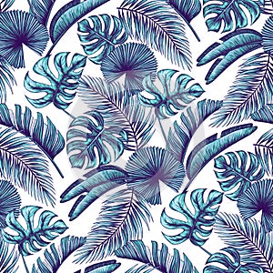 Tropical leaf seamless pattern. Colorful vivid print with beautiful palm jungle leaves. Repeated luxury design for