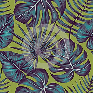 Tropical leaf seamless pattern. Colorful vivid print with beautiful palm jungle leaves. Repeated luxury design for