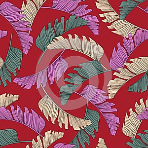 Tropical leaf seamless pattern. Colorful vivid print with beautiful palm jungle leaves. Repeated luxury design for