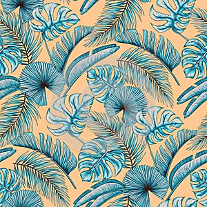 Tropical leaf seamless pattern. Colorful vivid print with beautiful palm jungle leaves. Repeated luxury design for