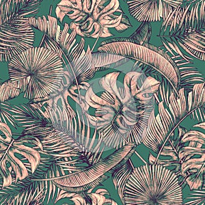 Tropical leaf seamless pattern. Colorful vivid print with beautiful palm jungle leaves. Repeated luxury design for