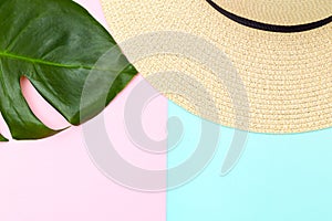 Tropical leaf and  straw hat on pastels color background. Copy space