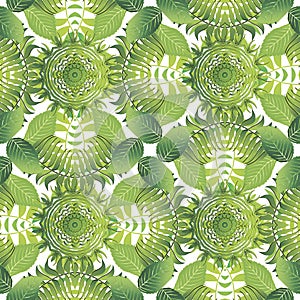 Tropical leafy vector seamless pattern. Green palm leaves and branches on white background. Ornamental spring summer repeat nature