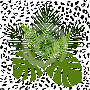 Tropical leaves and animal skin seamless pattern.