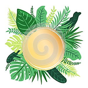 Tropical leaves around the circle. Illustration with foliage of exotic jungle plants.