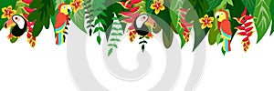 Tropical leaves birds and flowers seamless border. Exotic plants on white background. Tropic rainforest foliage, toucan