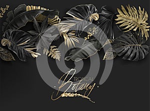 Tropical leaves black and gold botany banner