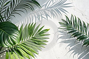 Tropical Leaves Shadow Overlay on White Texture Background photo