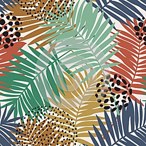 Tropical leaves and doodles seamless pattern. Abstract palm leaf silhouette, minimal shapes background