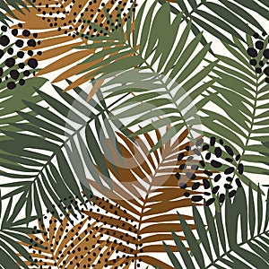 Tropical leaves drawing seamless pattern. Abstract palm leaf silhouette background