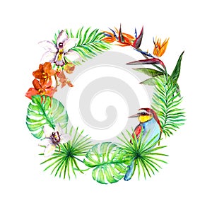 Tropical leaves, exotic bird, orchid flowers. Floral wreath. Watercolor