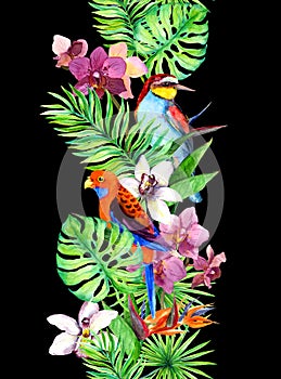 Tropical leaves, exotic bird, orchid flowers. Seamless border. Watercolor stripe